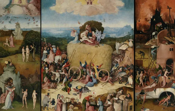 Hieronymus Bosch, правая створка- Ад, 1490-1500, Триптих 'Воз сена', Левая створка - Рай с падением …