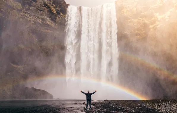 Картинка скала, водопад, радуга, спектр, Исландия, Iceland