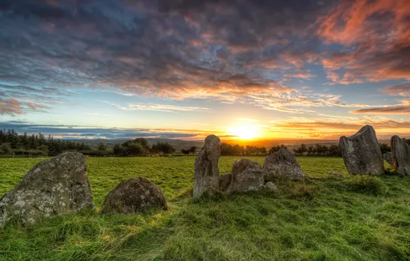 Картинка облака, закат, камни, Ирландия, Donegal