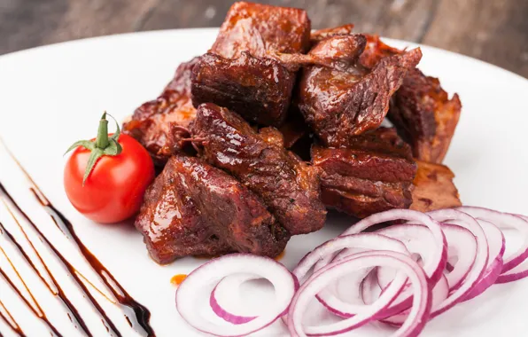 Лук, мясо, помидоры, соус, шашлык, Meat, vegetables, tomato