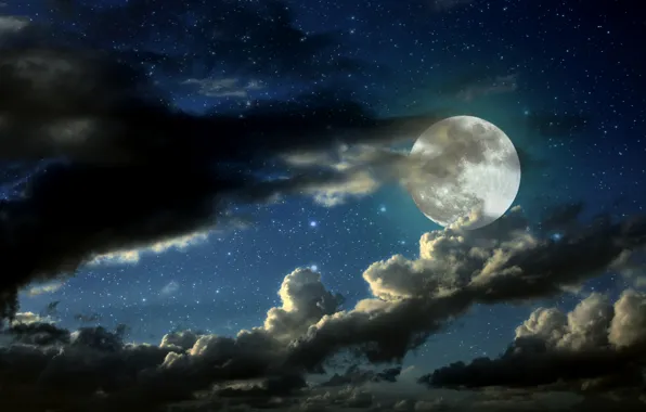 Звезды, облака, ночь, луна, moon, night, clouds, stars