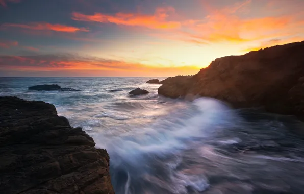 Картинка море, волны, закат, скалы