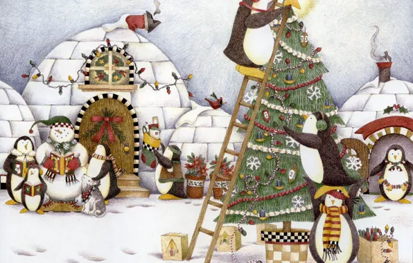 Картинка елка, новый год, пингвины, иглу