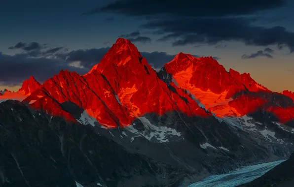 Картинка Sunset, Mountains, French Alps, Alpenglow Over the Glacier d'Argentiere