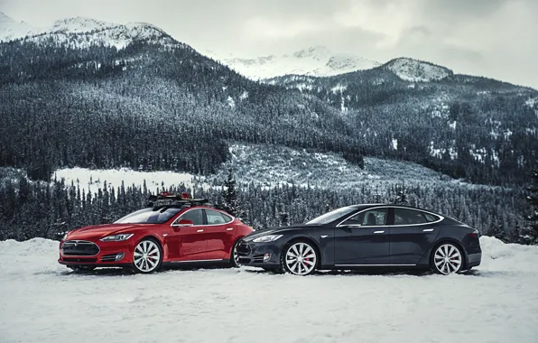Снег, горы, две, трасса, электрокар, Tesla Model S