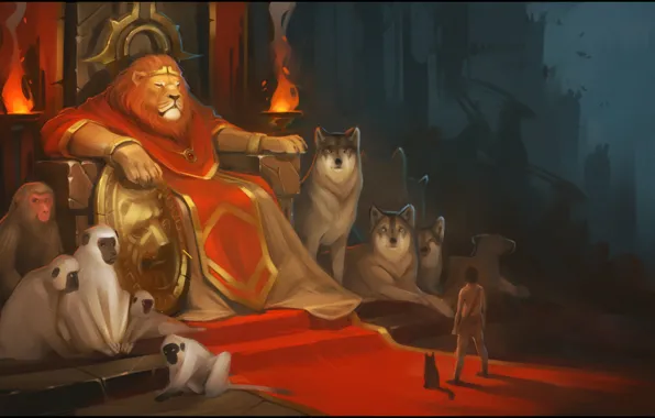 Картинка кот, фантазия, человек, волк, лев, обезьяна, трон, animal kingdom