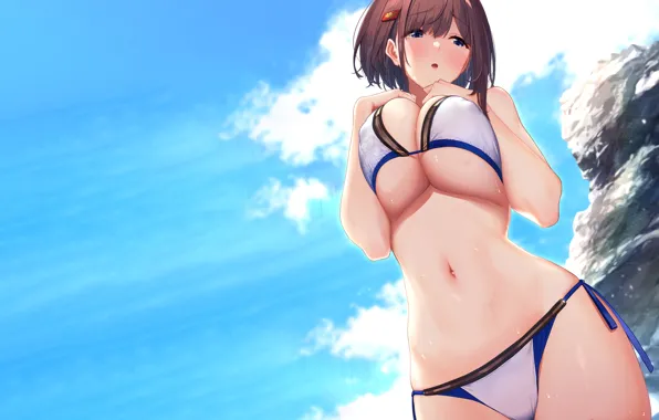 Girl, sexy, cleavage, brown hair, boobs, anime, beautiful, short hair