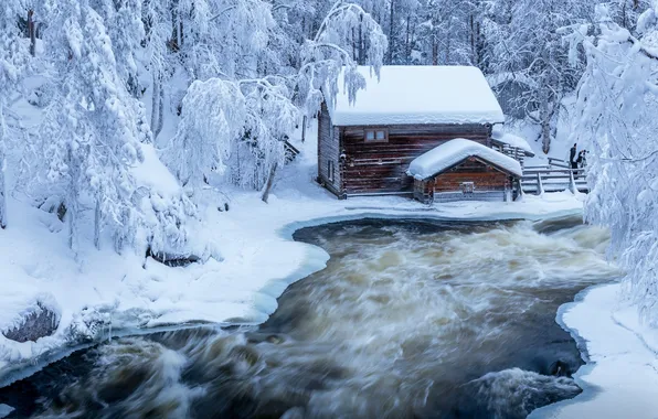 Картинка зима, снег, природа, река, дома, поток