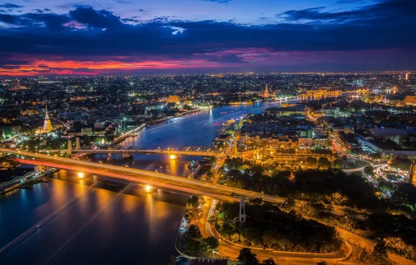 Ночь, город, река, дороги, панорама, Тайланд, Бангкок