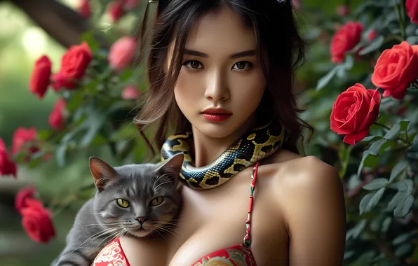 Кот, взгляд, девушка, розы, китаянка, кобра, азиатка