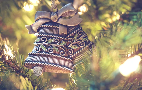 Огни, ель, Новый Год, Рождество, украшение, колокольчики, Christmas, New Year