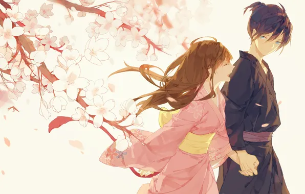 Ветки, весна, сакура, голубые глаза, двое, юката, Бездомный Бог, Yato