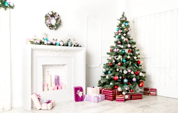 Картинка праздник, подарок, шары, елка, подарки, Новый год, камин, елочные игрушки