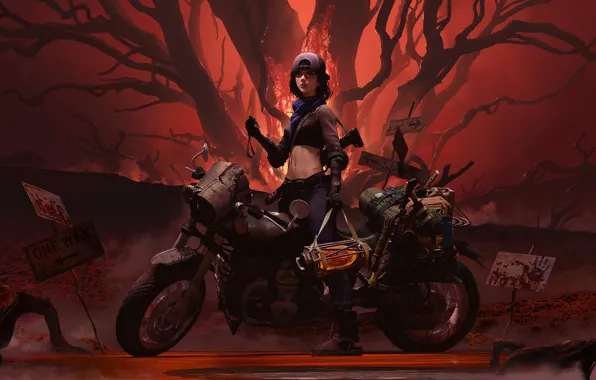 Мотоцикл, Post Apocalypse, девушка art, art girl, девушка в кепке