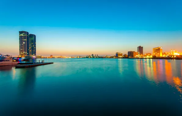 Море, ночь, огни, skyline, ОАЭ, UAE, Ras al Khaimah