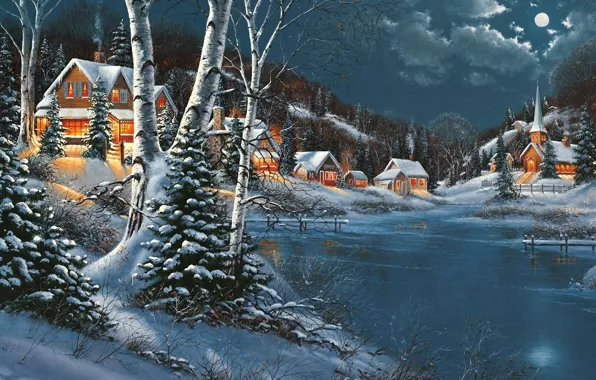 Картинка зима, елки, домики