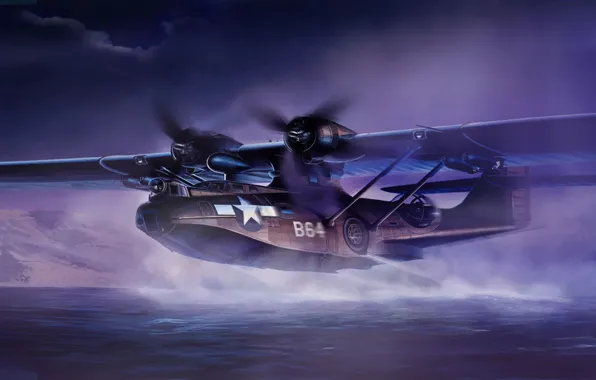 Картинка war, art, painting, aviation, ww2, Consolidated PBY Catalina