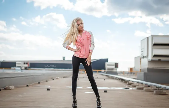 Девушка, поза, модель, волосы, ботинки, куртка, блондинка, girl