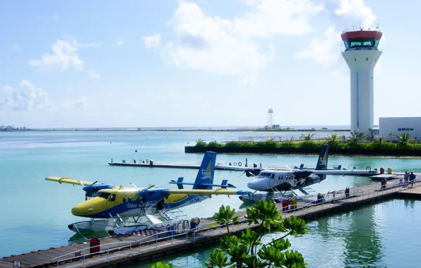 Картинка самолеты, аэропорт, Мальдивы, гидросамолёт, поплавковый гидросамолет, Trans Maldivian, КПД, командно-диспетчерский пункт