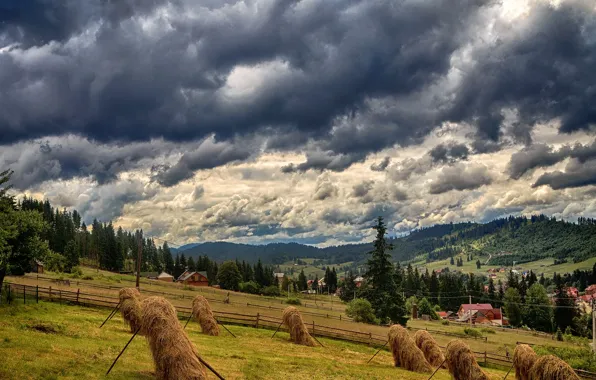 Картинка облака, горы, тучи, поля, дома, склон, сено, Украина