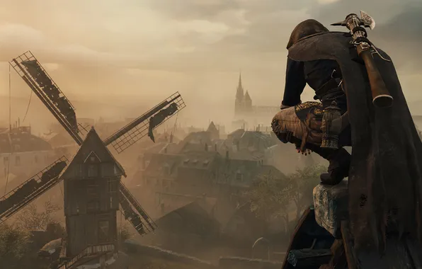 Город, мельница, assasin, Assassin’s Creed Unity