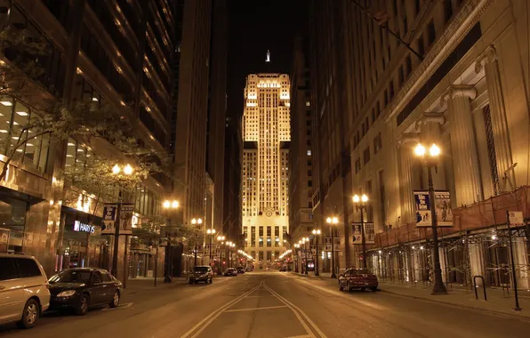 Картинка ночь, город, улица, небоскребы, чикаго, Chicago