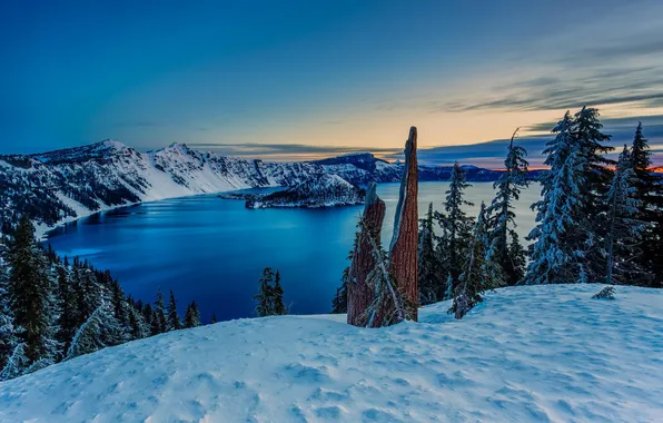 Зима, снег, пейзаж, озеро, Sunrise, Crater Lake