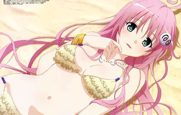 Девушка, beach, pink hair, green eyes, long hair, jewelry, Lala Satalin Deviluke, hairpins