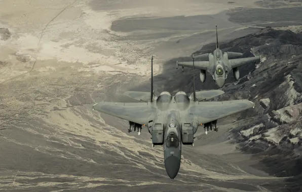 Полет, горы, истребители, Eagle, F-16, Fighting Falcon, F-15
