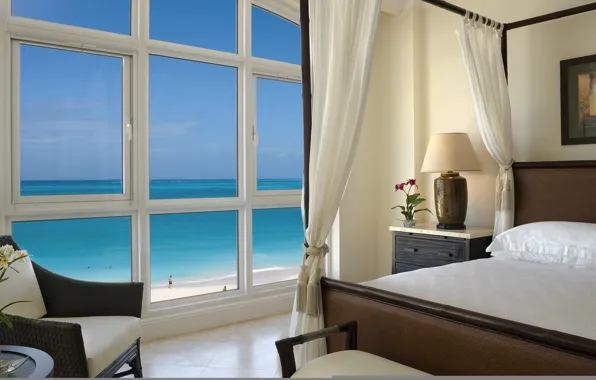 Картинка пляж, океан, кровать, кресло, окно, Комната