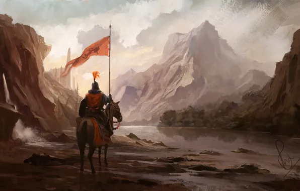 Горы, Лошадь, Конь, Fantasy, Art, Landscape, Рыцарь, Mountains