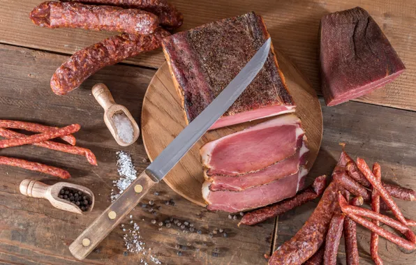 Нож, мясо, доска, колбаса, бекон, специи, meat, sausage