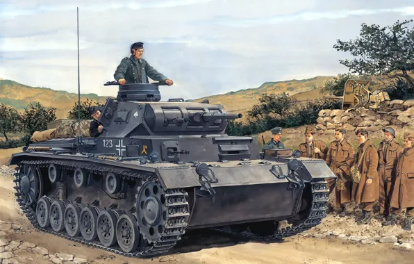 Рисунок, солдаты, вермахт, средний танк, Ron Volstad, Panzerkampfwagen Ill, Pz.kpfw. III ausf.F, панцер 3