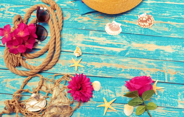 Пляж, лето, звезды, цветы, отдых, ракушки, summer, beach