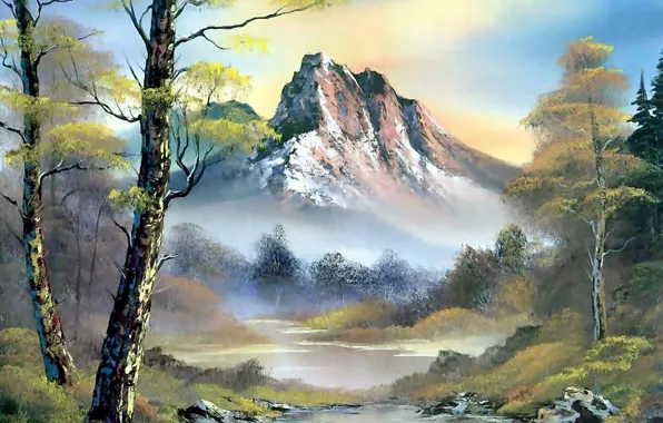 Картинка лес, небо, вода, облака, деревья, пейзаж, горы, природа