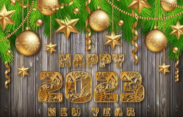 Картинка золото, шары, Новый Год, цифры, golden, happy, balls, New Year
