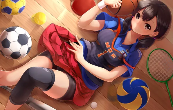 Девушка, мячи, ракетка, anime, art, бита, спортивная форма
