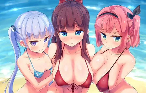 Sexy, cleavage, beach, pink hair, erect nipples, green eyes, long hair, sea