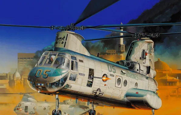 War, art, airplane, helicopter, painting, aviation, Boeing Vertol CH-46 Sea Knight