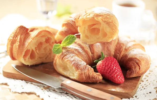 Завтрак, клубника, выпечка, strawberry, круассаны, croissant, breakfast