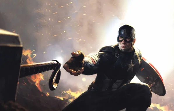 Картинка огонь, молот, герой, мужчина, Captain America, Avengers, Chris Evans