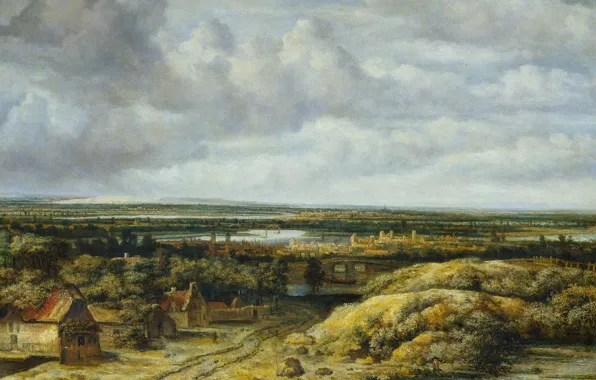 Пейзаж, масло, картина, холст, Филипс Конинк, Дома у Дороги
