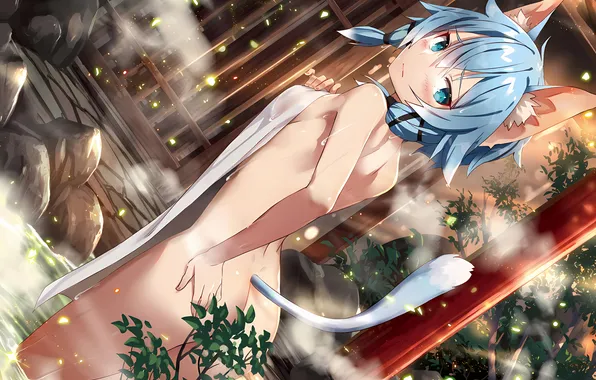 Girl, sexy, ass, wet, boobs, animal ears, anime, water