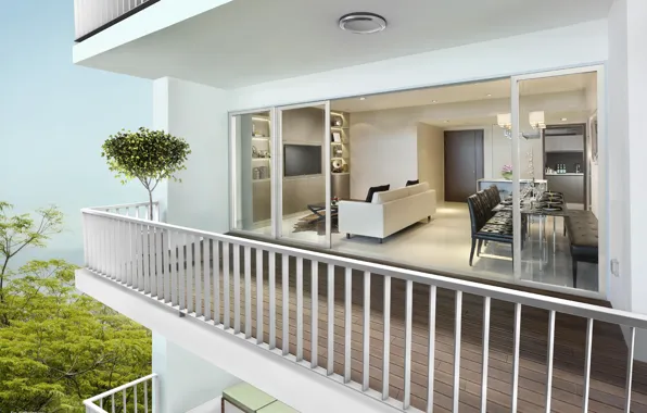 Modern, living room, interior, plant, railings