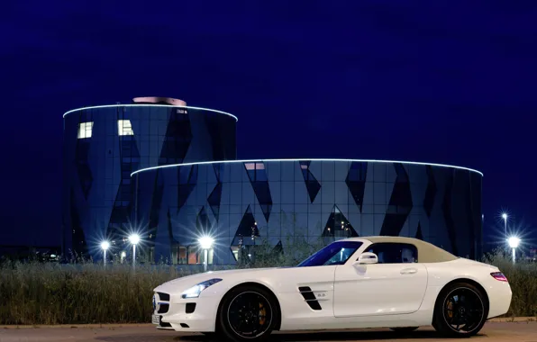 Пейзаж, ночь, здание, Roadster, Mercedes-Benz, AMG, SLS, Мерседес-Бенц