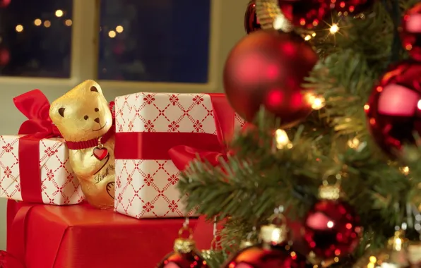 Картинка игрушки, елка, новый год, шоколад, мишка, подарки