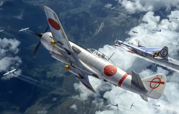 Картинка Перехватчик, американский тяжёлый бомбардировщик, Boeing B-29 Superfortress, Nakajima Ki-87