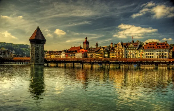 Река, башня, дома, Швейцария, набережная, Luzern