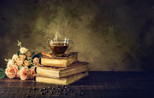 Книги, кофе, чашка, Розы, Винтаж