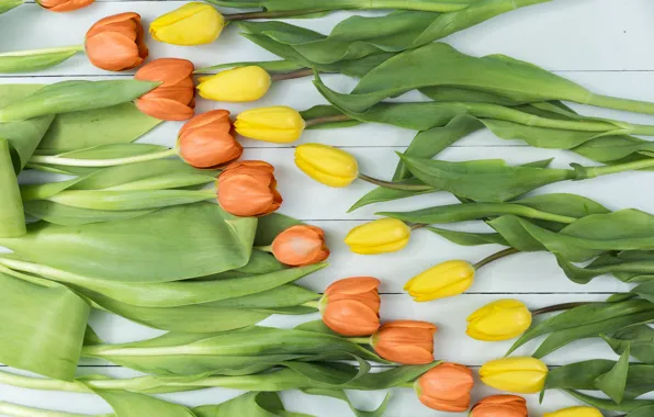 Картинка тюльпаны, yellow, wood, tulips, orange, декор